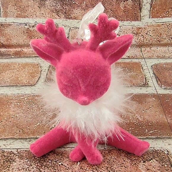 Hot Pink Flocked Reindeer Christmas Ornament Bashful Girl Deer Feathers Sitting - Picture 1 of 16